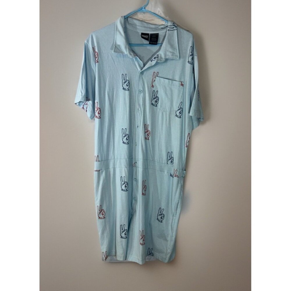 Mad Engine Mens size XXL Blue Romper Shorts One Piece Pajama peace signs Lounge
